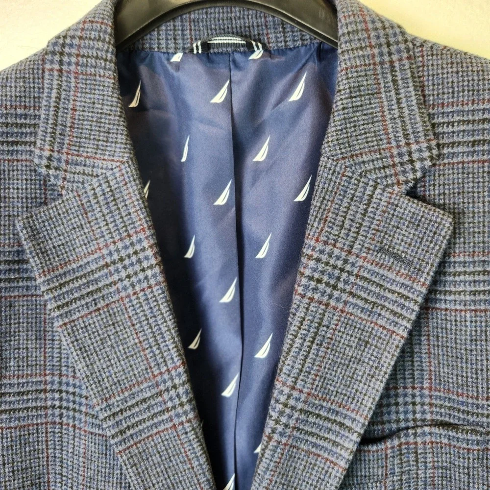 Nautica Mens Blue Glen Plaid Modern Fit Sport‎ Coat Blazer 44R Two Button Logo